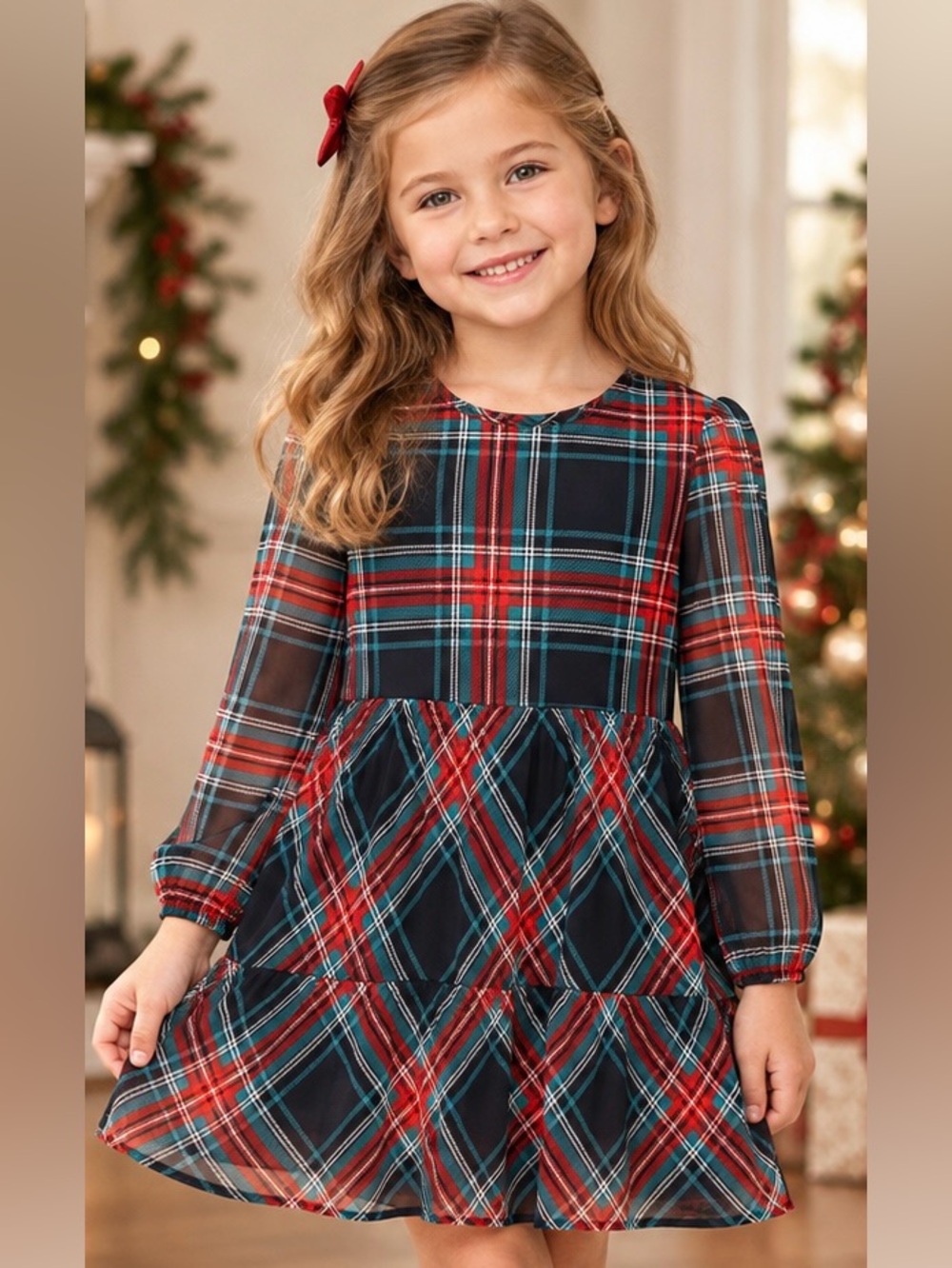 Draper James Girls XS 4/5 Tartan Plaid Holiday Tiered Dress Red Green